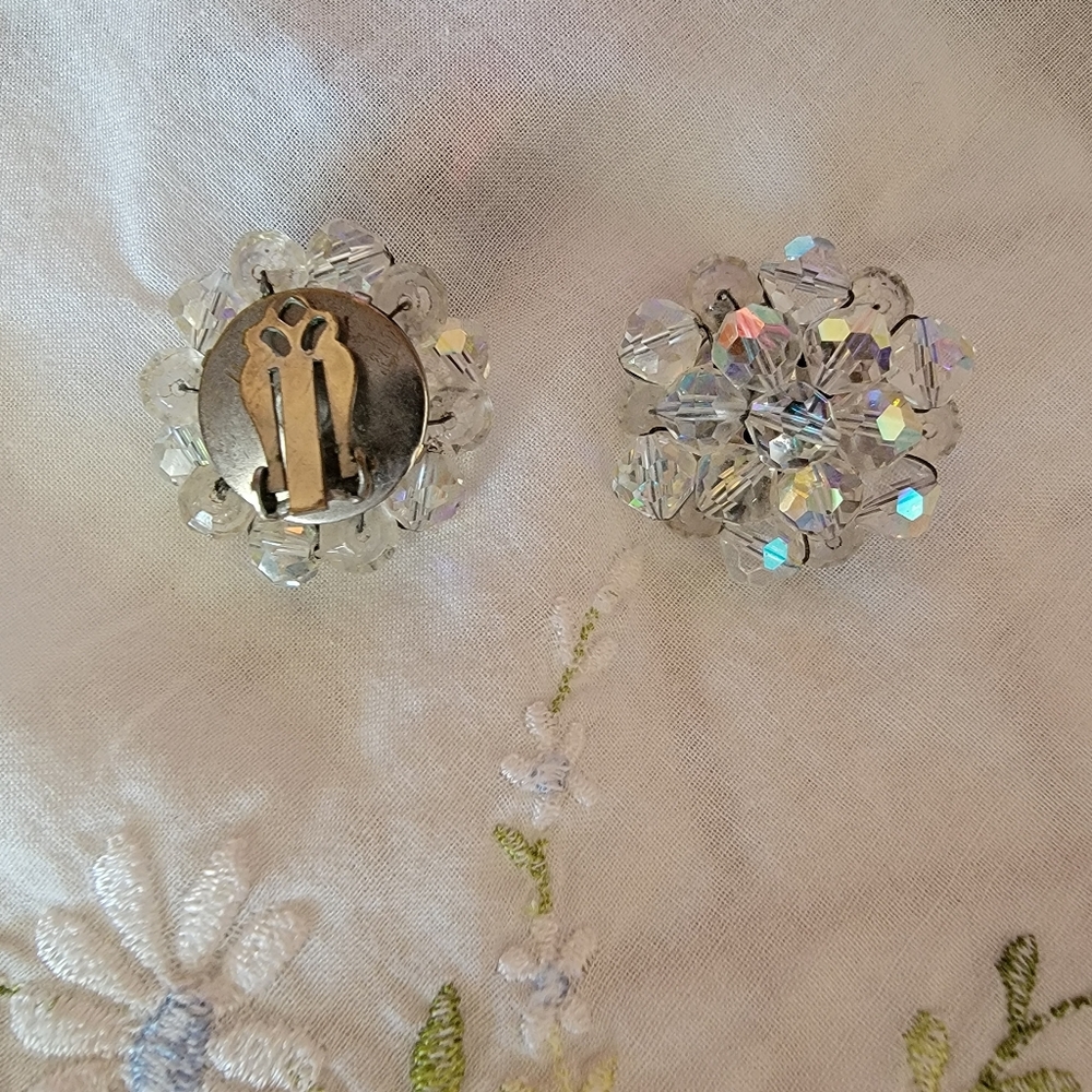 Vintage Aurora Borealis Swarvoski Beaded Crystal Clip-On Earrings